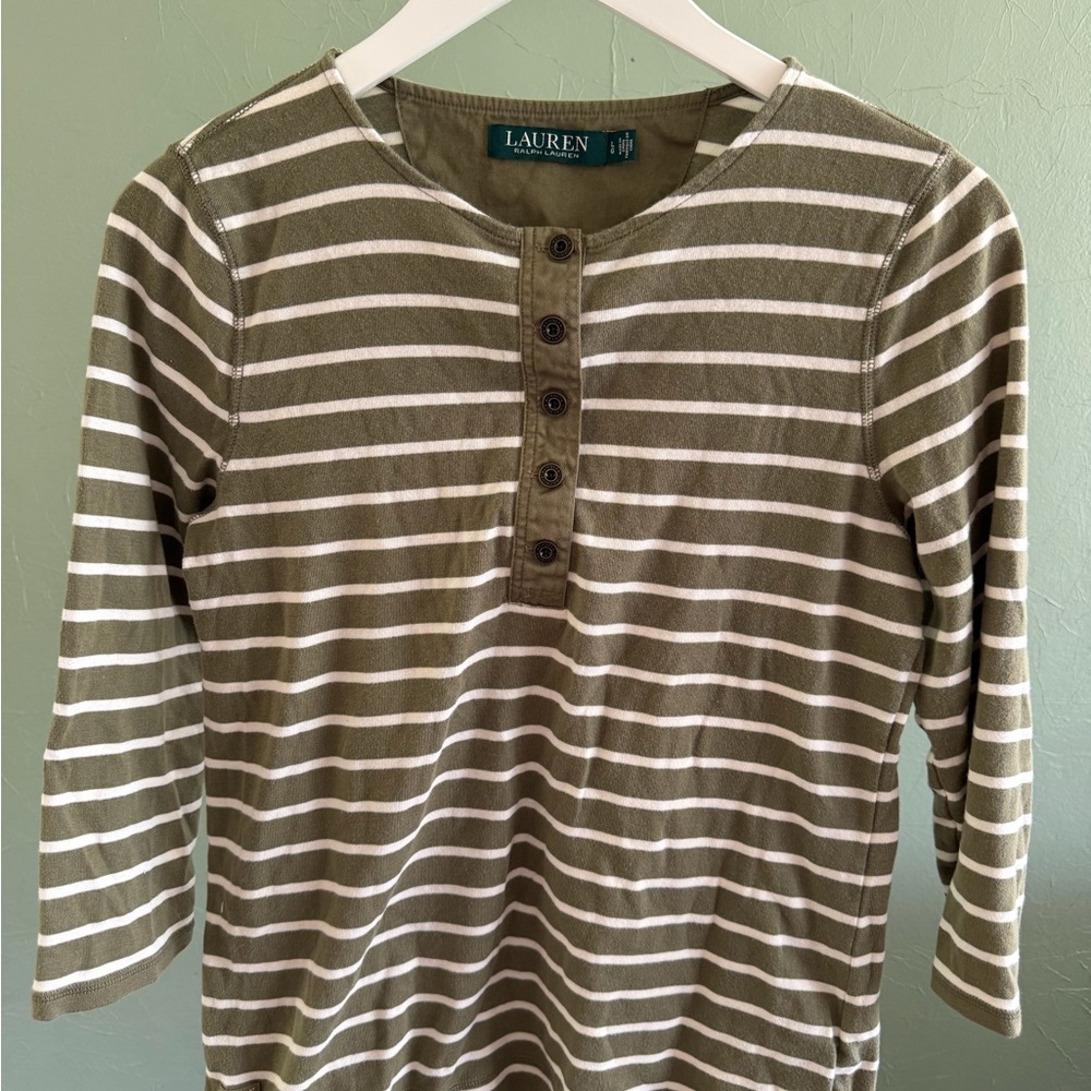 Lauren Ralph Lauren Olive & White Striped Henley Tee
